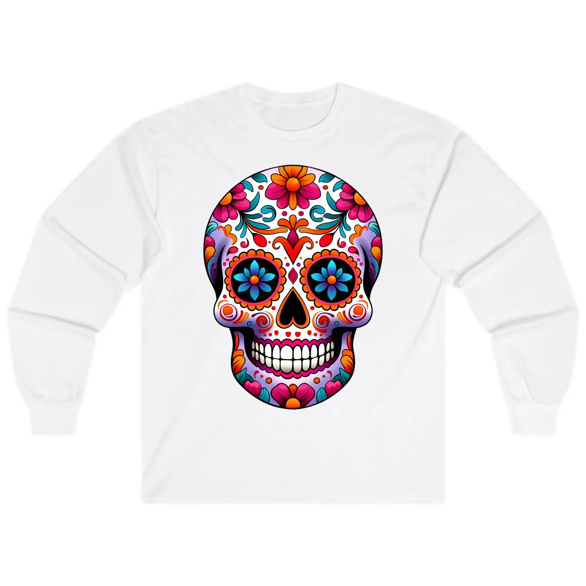 Ornate Floral Calavera with Vibrant Sugar Skull Details Long Sleeve in White