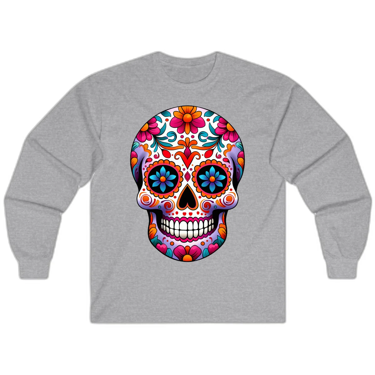 Ornate Floral Calavera with Vibrant Sugar Skull Details Long Sleeve in Sport Grey