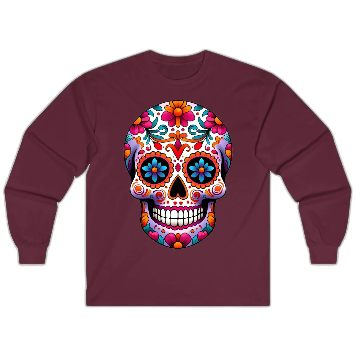 Ornate Floral Calavera with Vibrant Sugar Skull Details Long Sleeve in Maroon