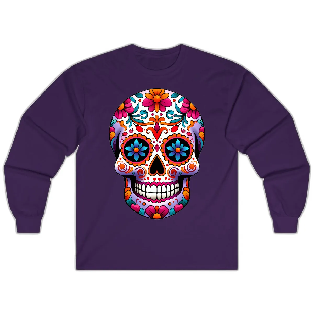 Ornate Floral Calavera with Vibrant Sugar Skull Details Long Sleeve in Purple