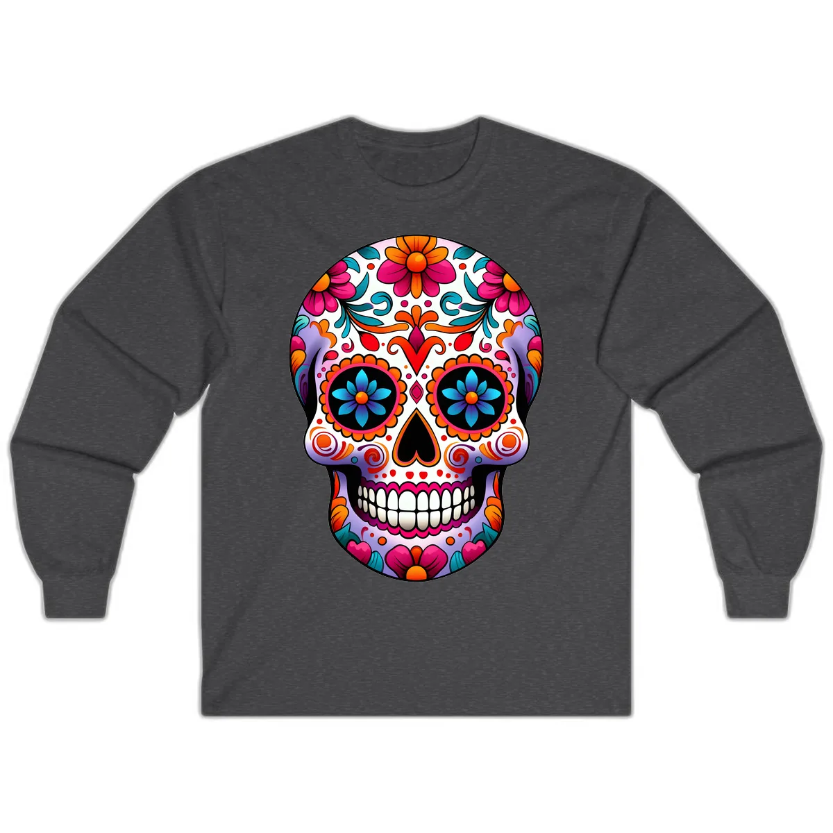 Ornate Floral Calavera with Vibrant Sugar Skull Details Long Sleeve in Dark Heather