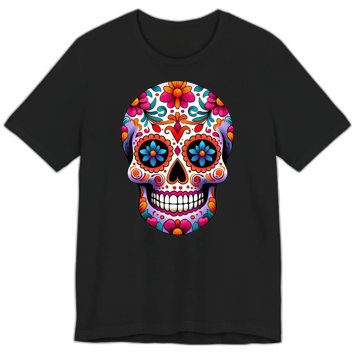 Ornate Floral Calavera with Vibrant Sugar Skull Details Premium T-Shirt in Black