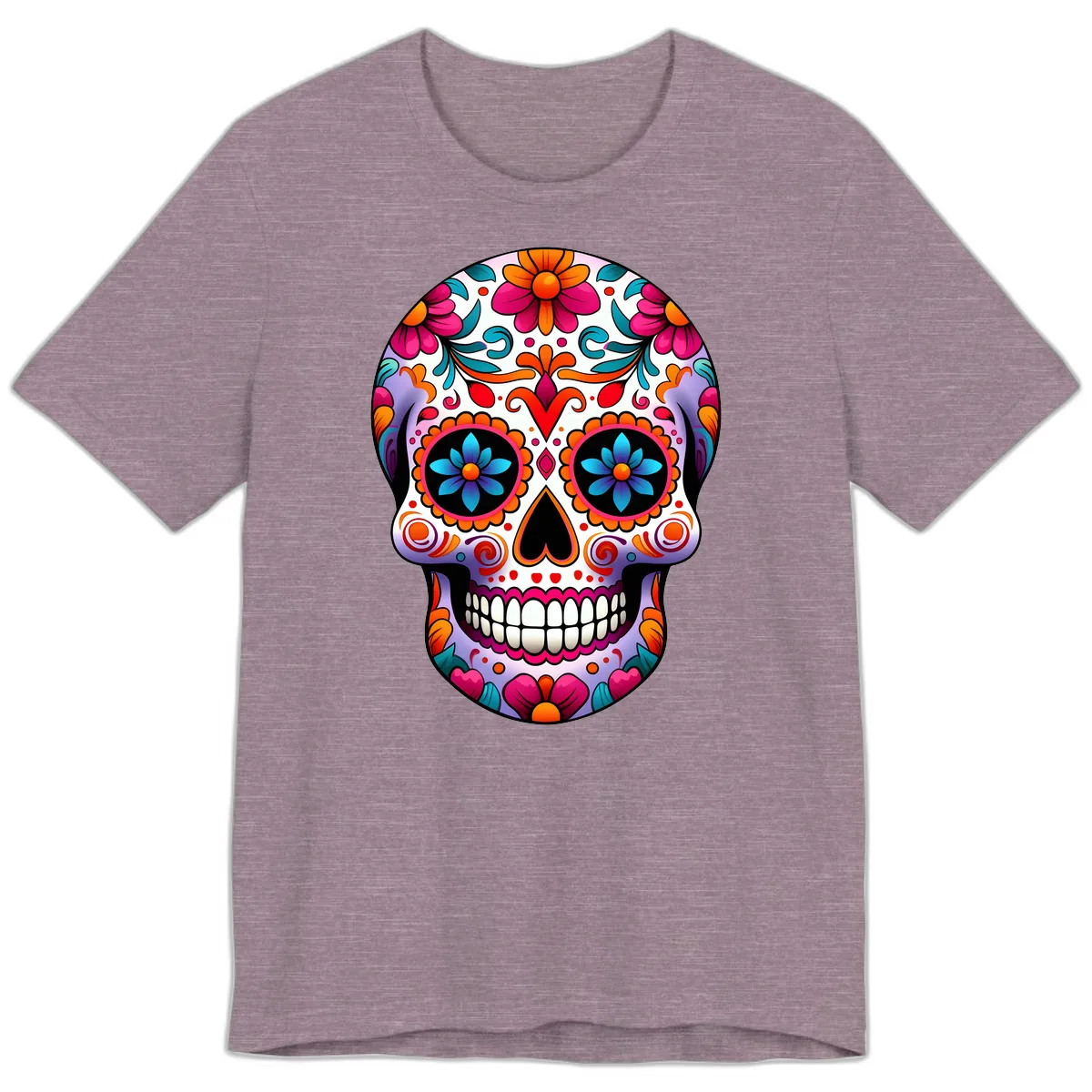 Ornate Floral Calavera with Vibrant Sugar Skull Details Premium T-Shirt in Heather Purple