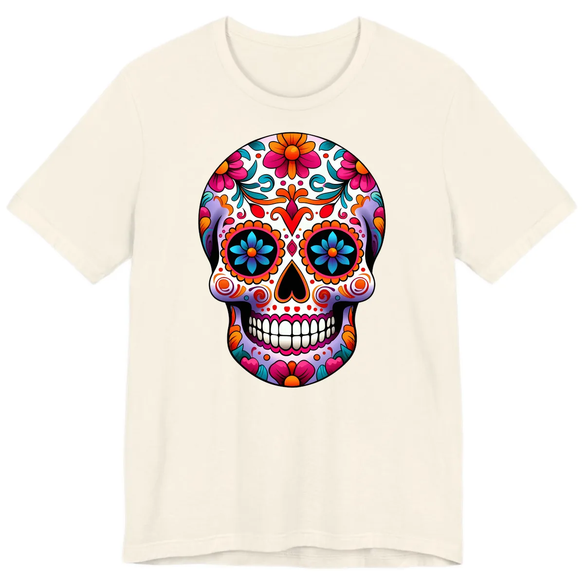 Ornate Floral Calavera with Vibrant Sugar Skull Details Premium T-Shirt in Natural