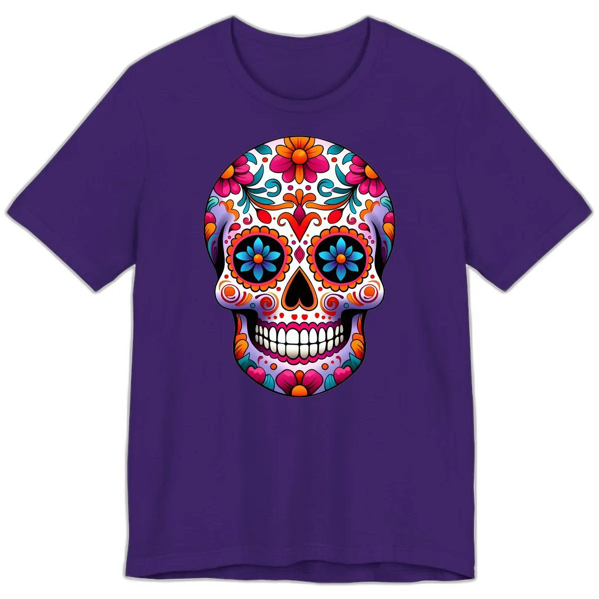 Ornate Floral Calavera with Vibrant Sugar Skull Details Premium T-Shirt in Team Purple