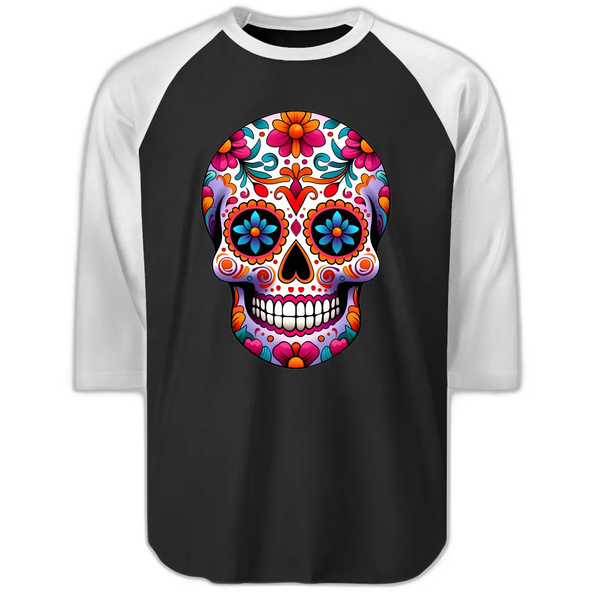 Ornate Floral Calavera with Vibrant Sugar Skull Details Raglan 3/4 in Black White