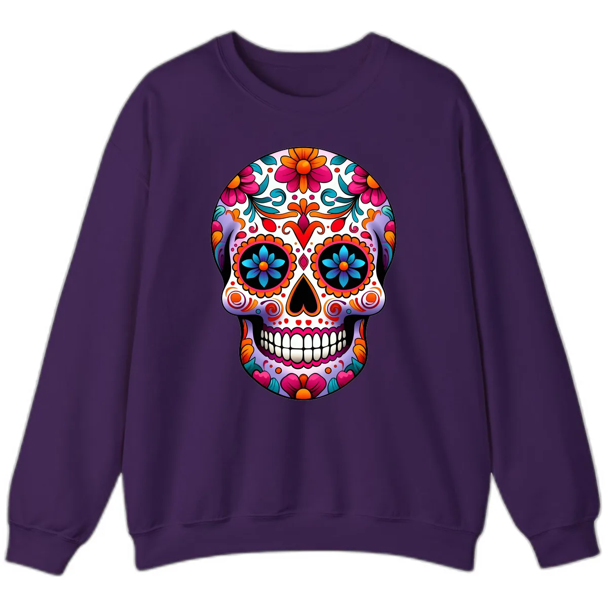 Ornate Floral Calavera with Vibrant Sugar Skull Details Sweatshirt in Purple