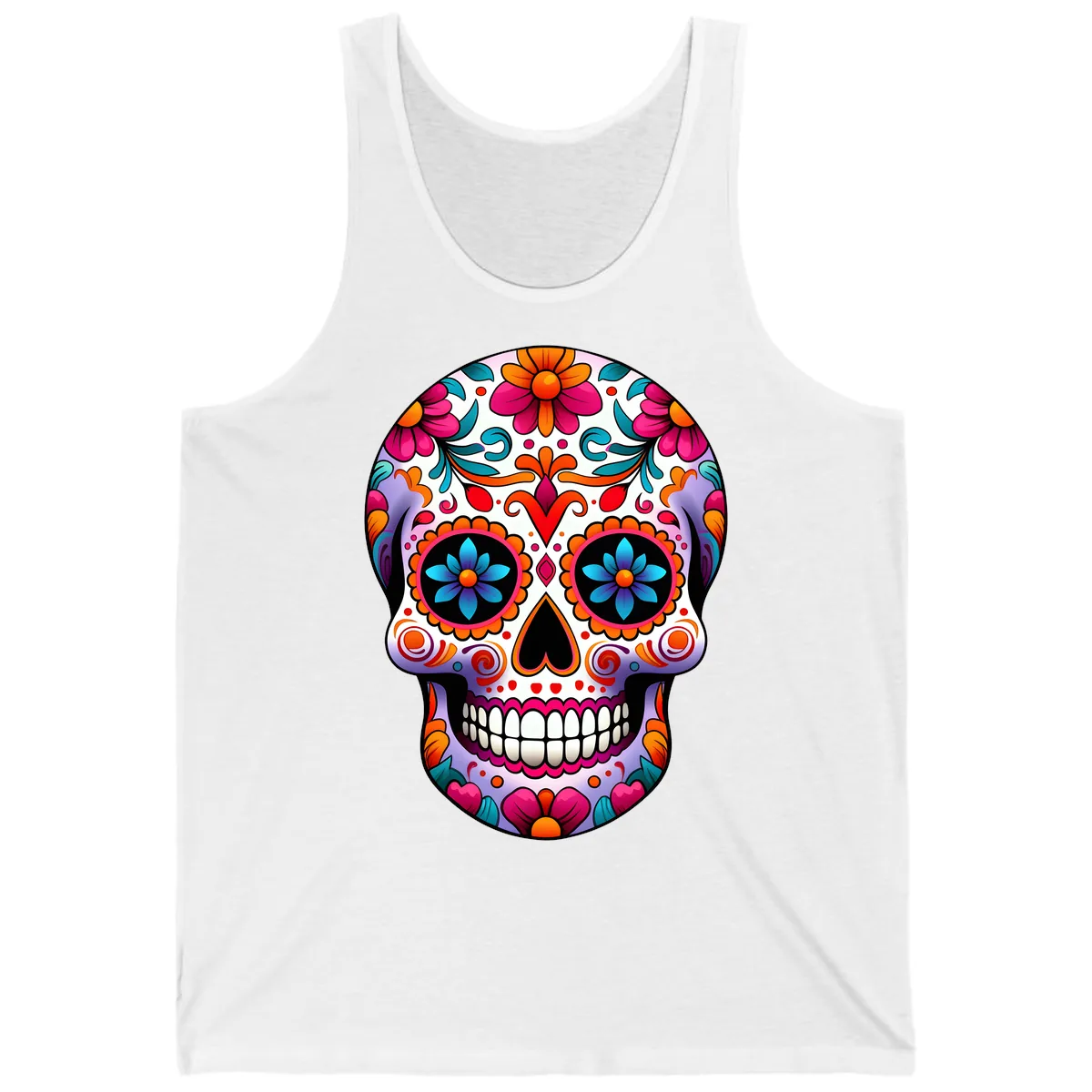 Ornate Floral Calavera with Vibrant Sugar Skull Details Tank in White