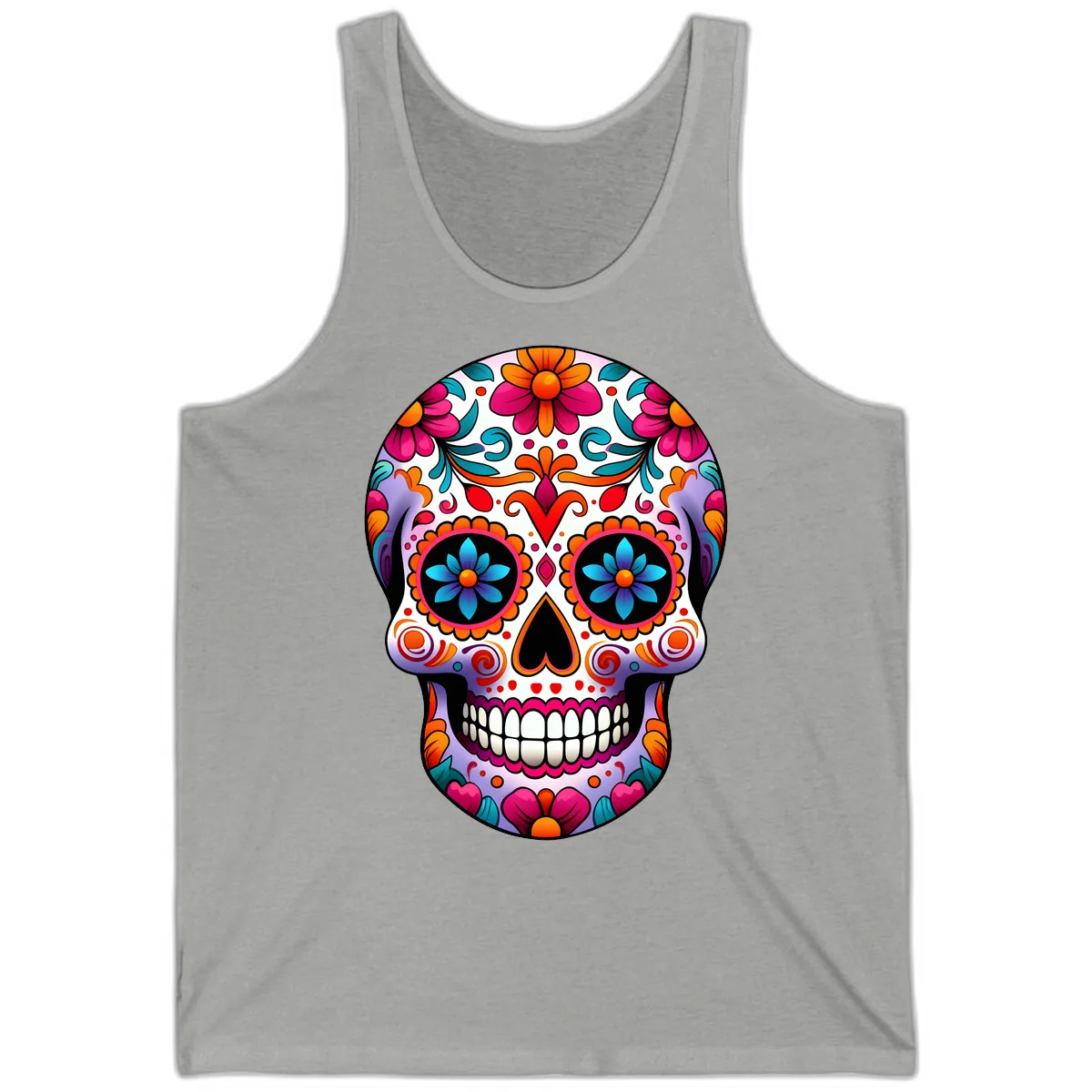 Ornate Floral Calavera with Vibrant Sugar Skull Details Tank in Athletic Heather
