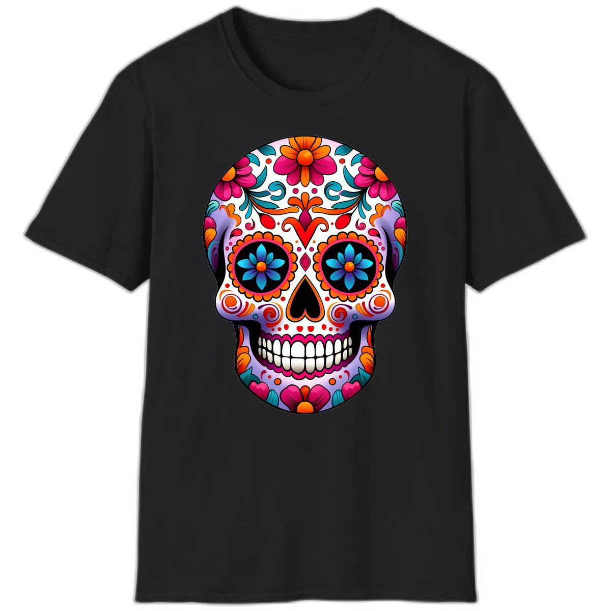 Ornate Floral Calavera with Vibrant Sugar Skull Details T-Shirt in Black