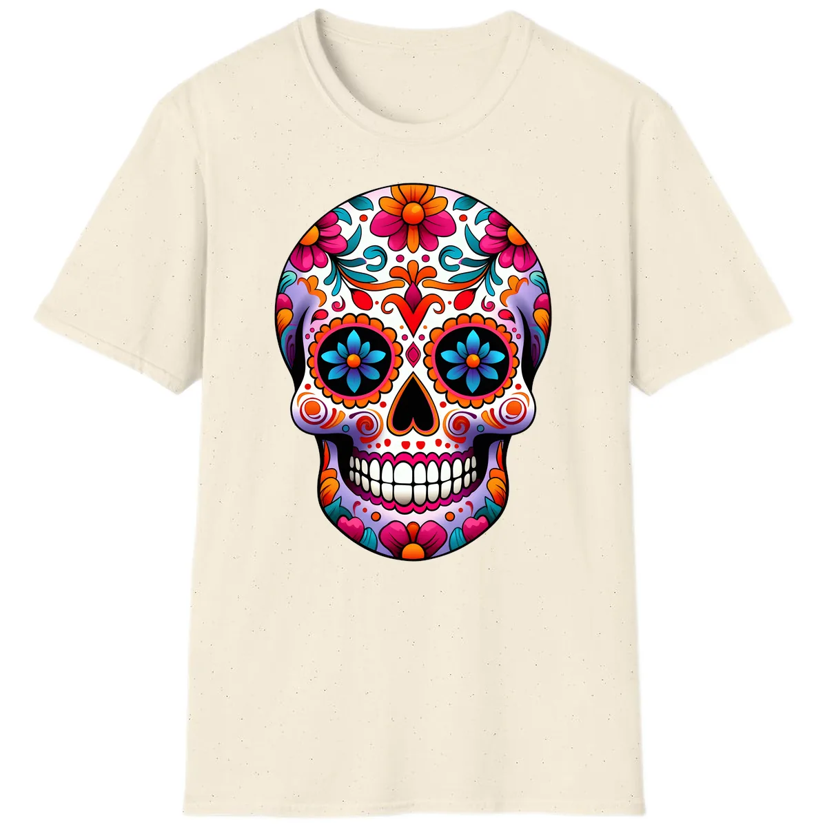 Ornate Floral Calavera with Vibrant Sugar Skull Details T-Shirt in Natural