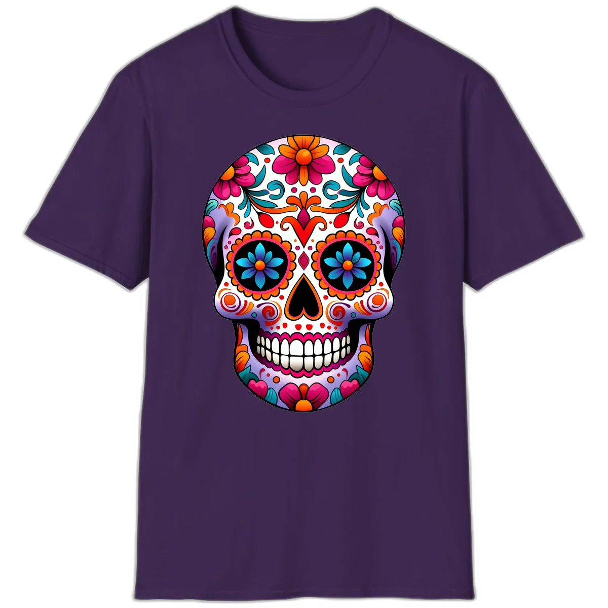 Ornate Floral Calavera with Vibrant Sugar Skull Details T-Shirt in Purple