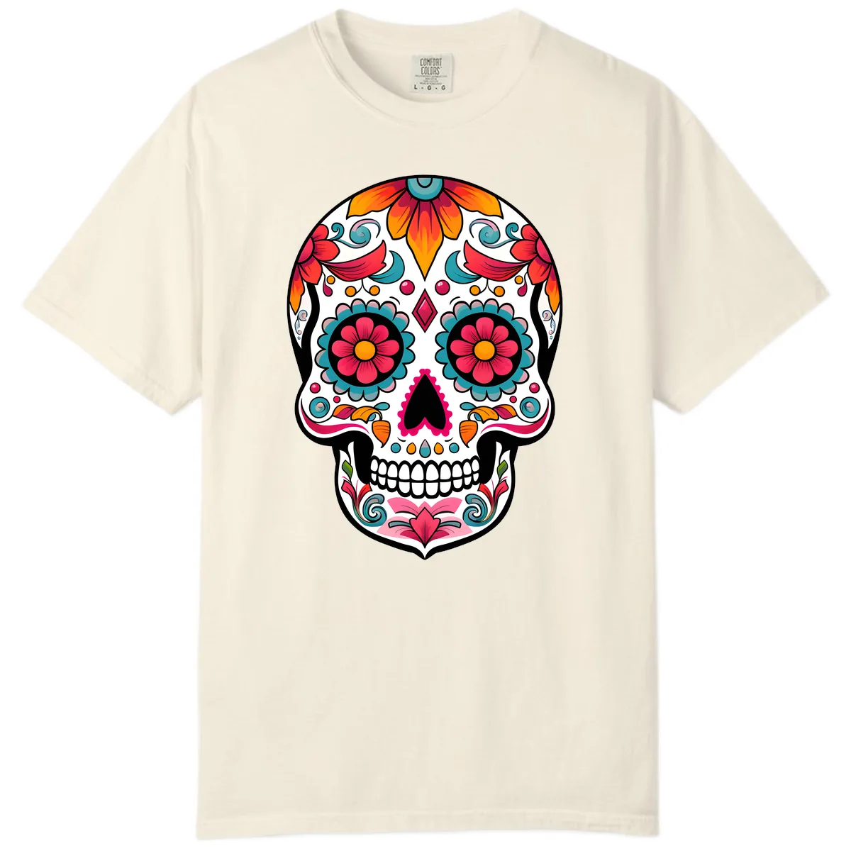 Vibrant Floral Calavera Sugar Skull Design Comfort Color in Ivory