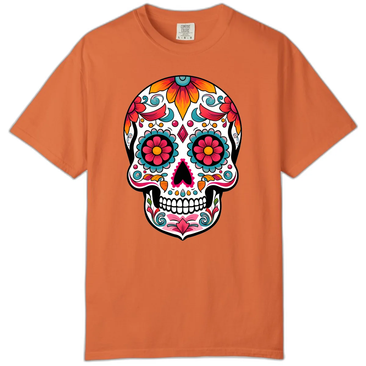 Vibrant Floral Calavera Sugar Skull Design Comfort Color in Burnt Orange