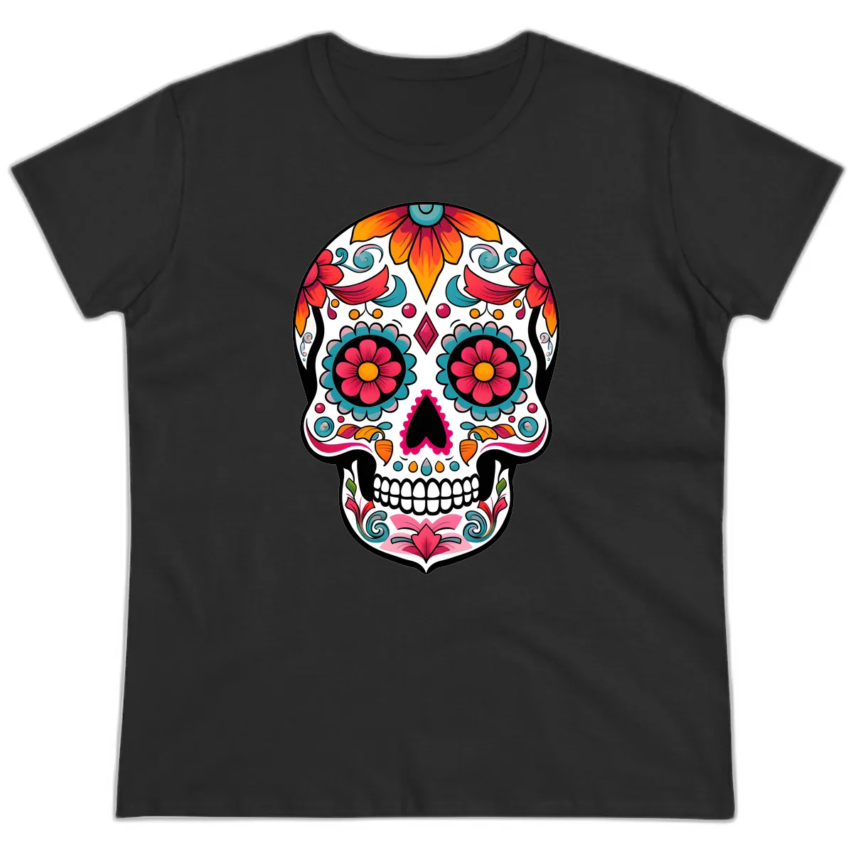 Vibrant Floral Calavera Sugar Skull Design Ladies Tee in Black