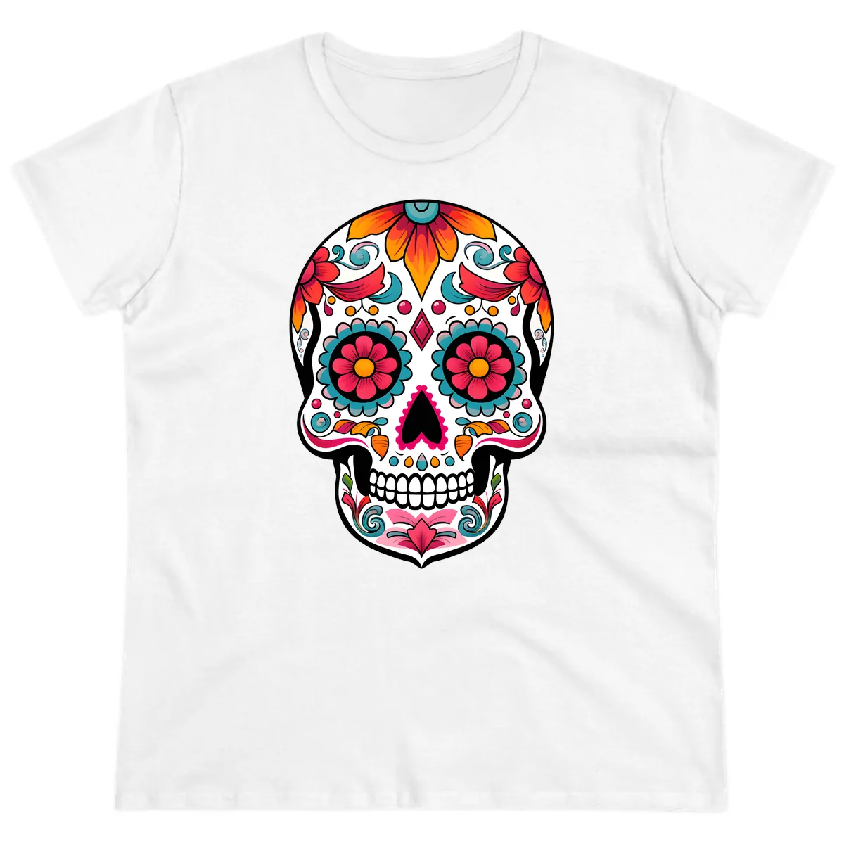 Vibrant Floral Calavera Sugar Skull Design Ladies Tee in White