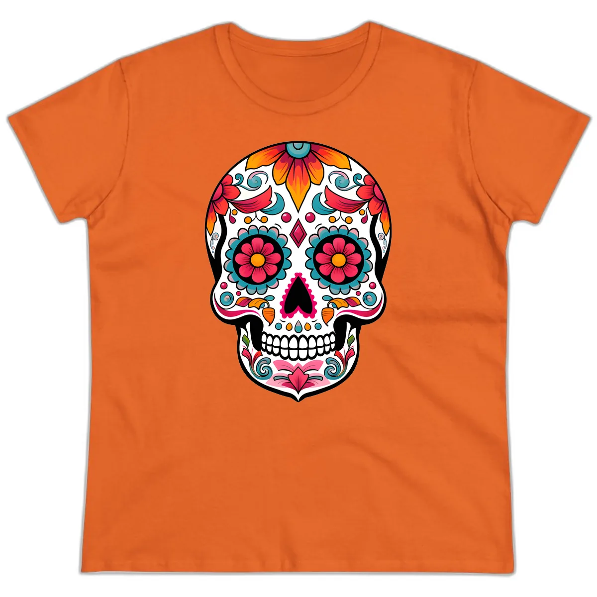 Vibrant Floral Calavera Sugar Skull Design Ladies Tee in Orange