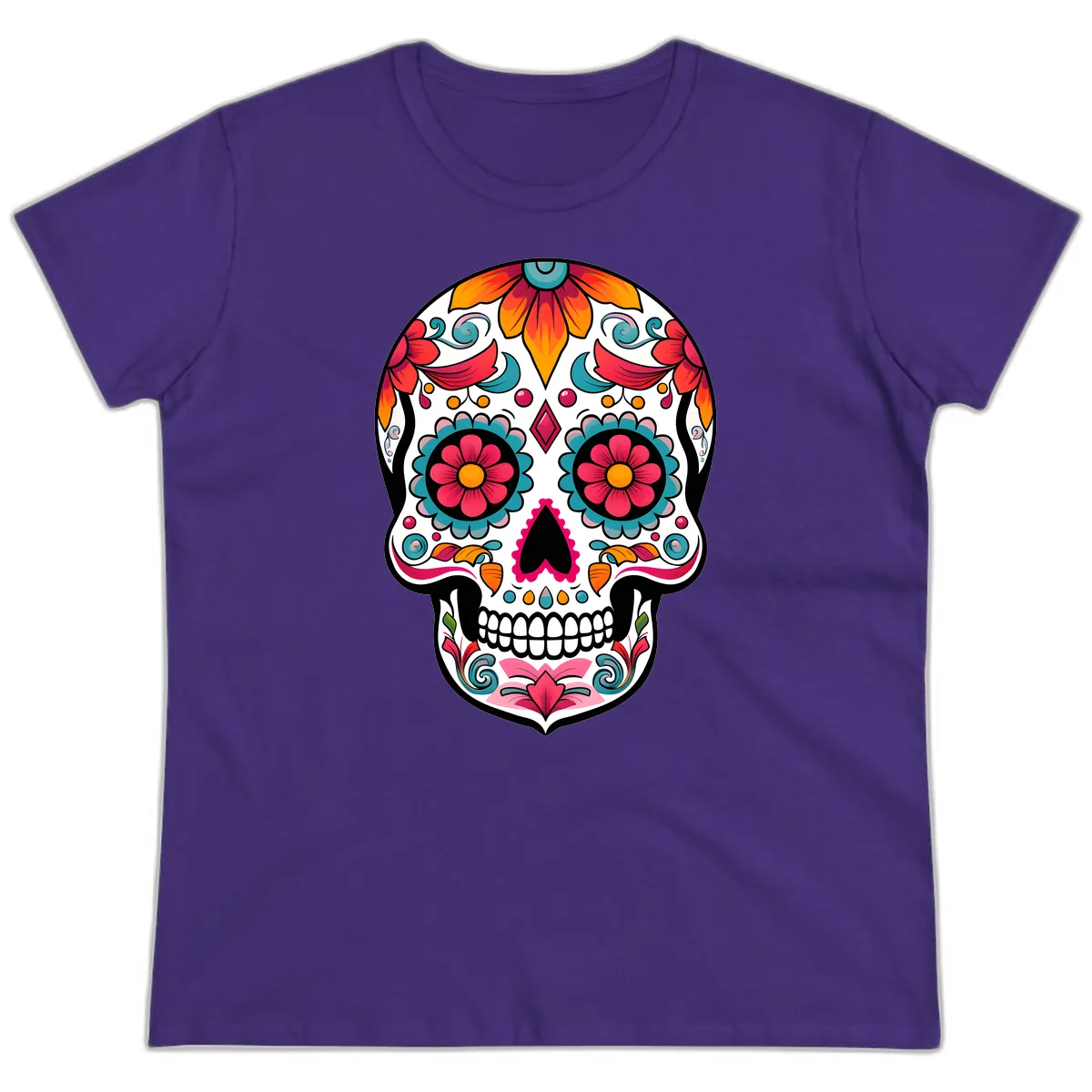 Vibrant Floral Calavera Sugar Skull Design Ladies Tee in Purple