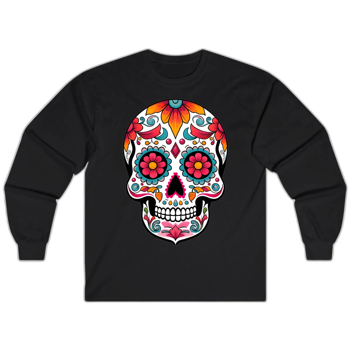 Vibrant Floral Calavera Sugar Skull Design Long Sleeve in Black