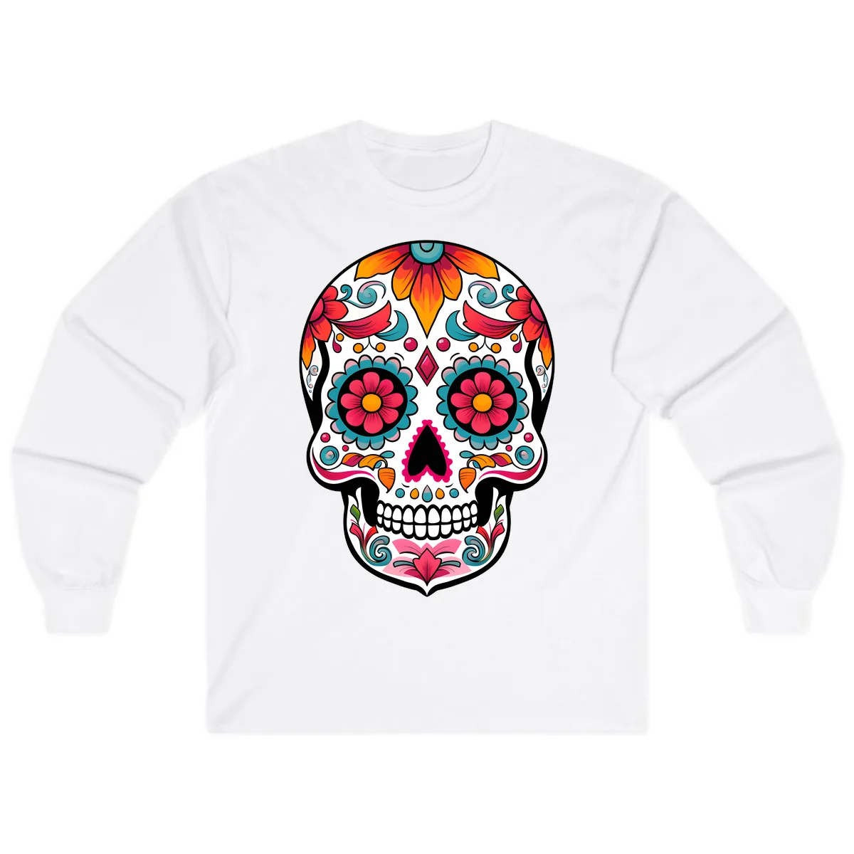 Vibrant Floral Calavera Sugar Skull Design Long Sleeve in White