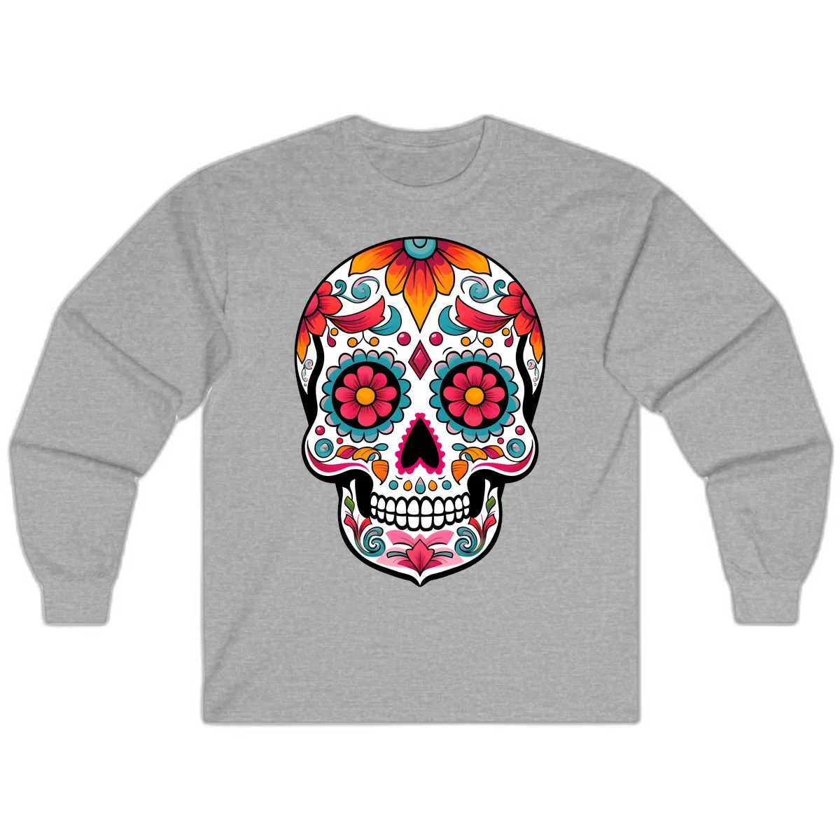 Vibrant Floral Calavera Sugar Skull Design Long Sleeve in Sport Grey