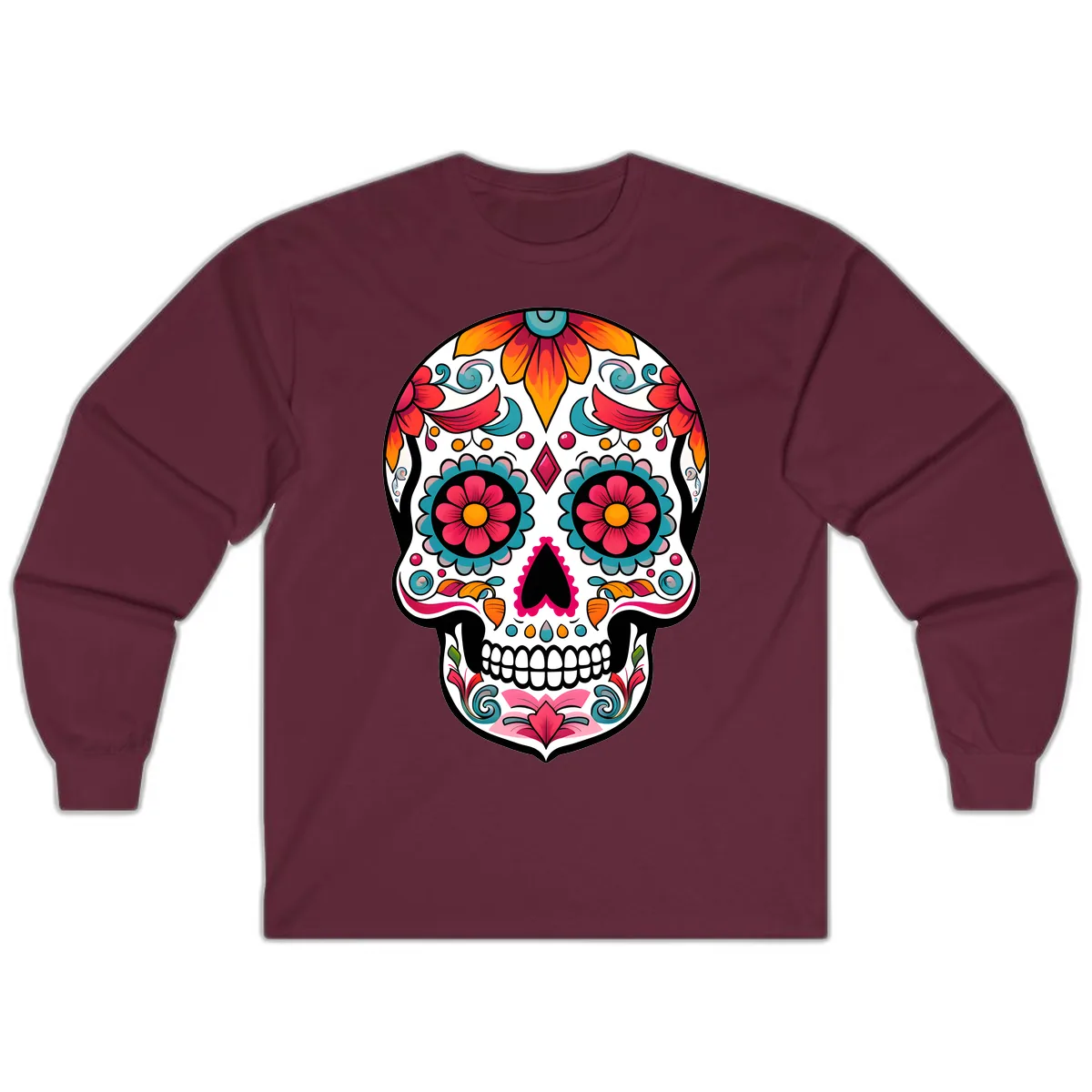 Vibrant Floral Calavera Sugar Skull Design Long Sleeve in Maroon