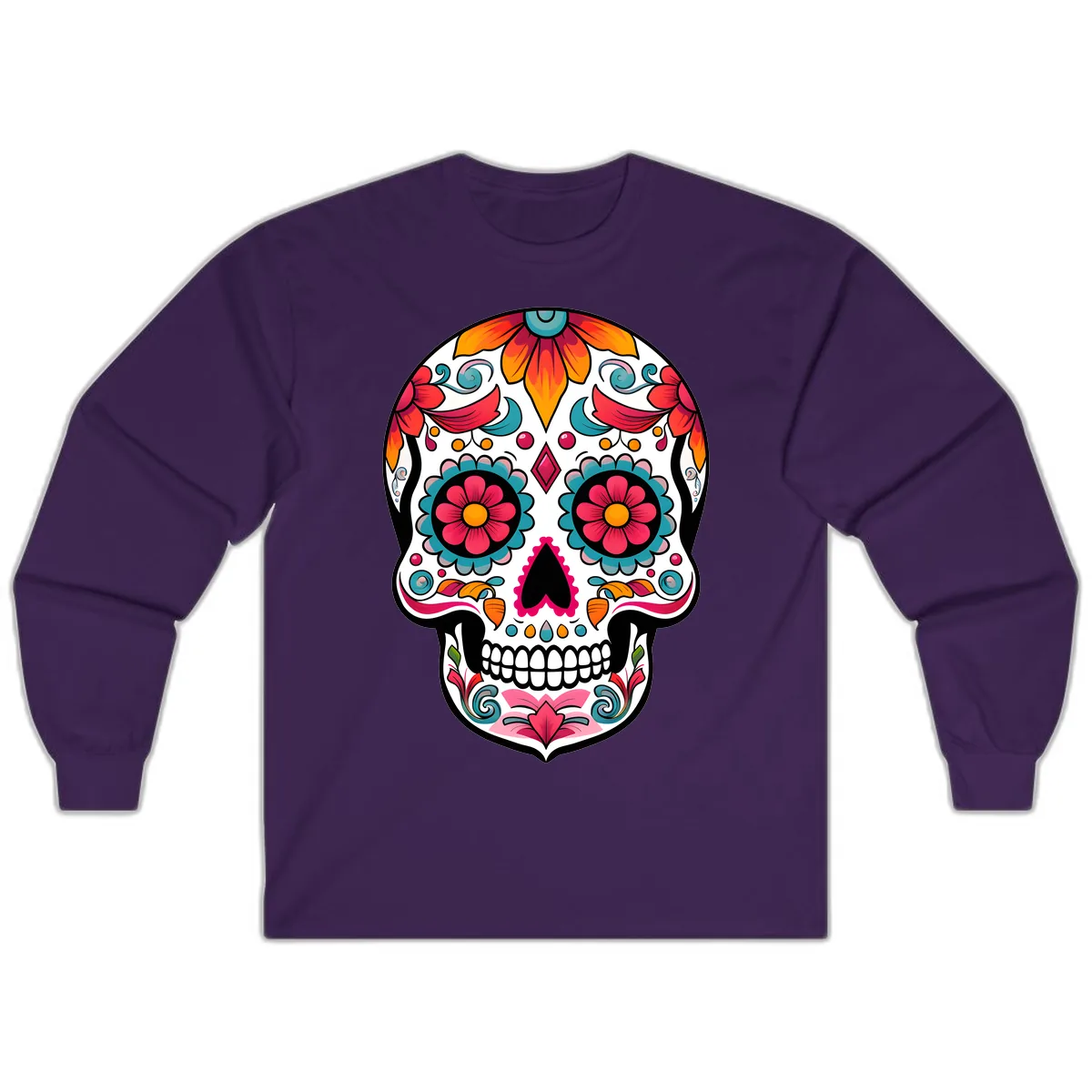 Vibrant Floral Calavera Sugar Skull Design Long Sleeve in Purple