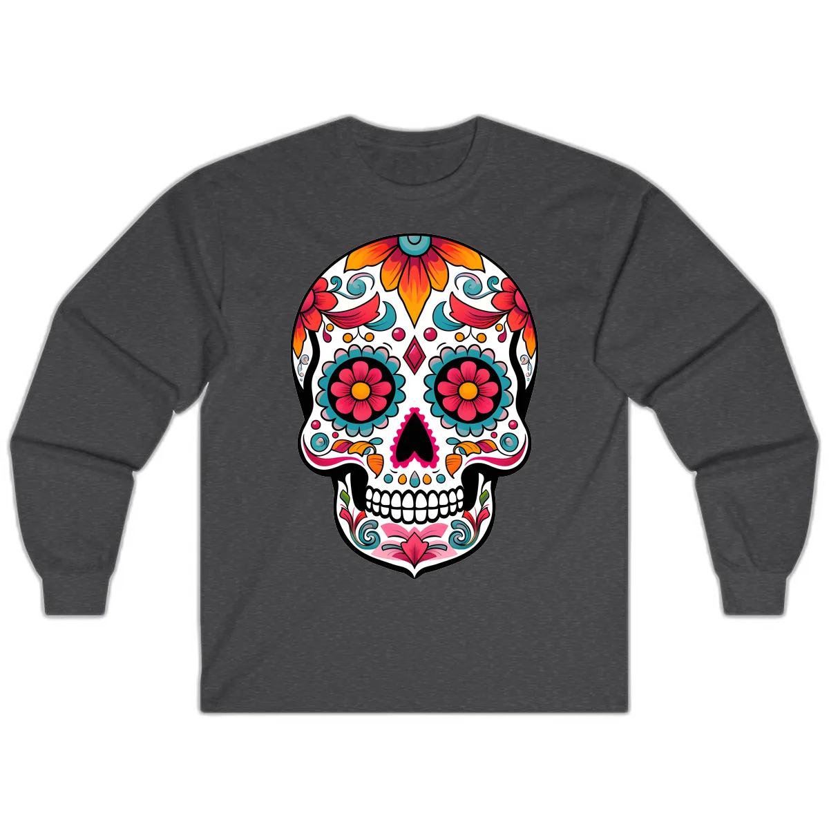 Vibrant Floral Calavera Sugar Skull Design Long Sleeve in Dark Heather