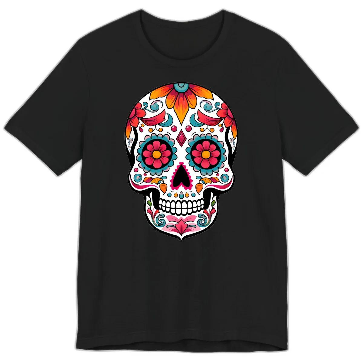 Vibrant Floral Calavera Sugar Skull Design Premium T-Shirt in Black