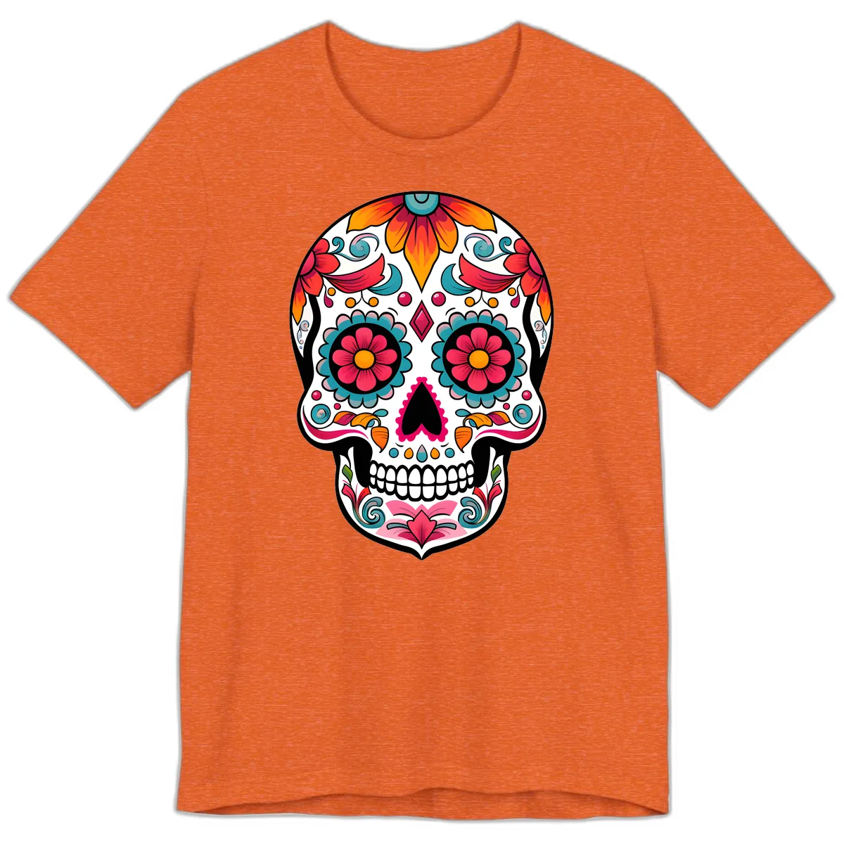 Vibrant Floral Calavera Sugar Skull Design Premium T-Shirt in Heather Orange