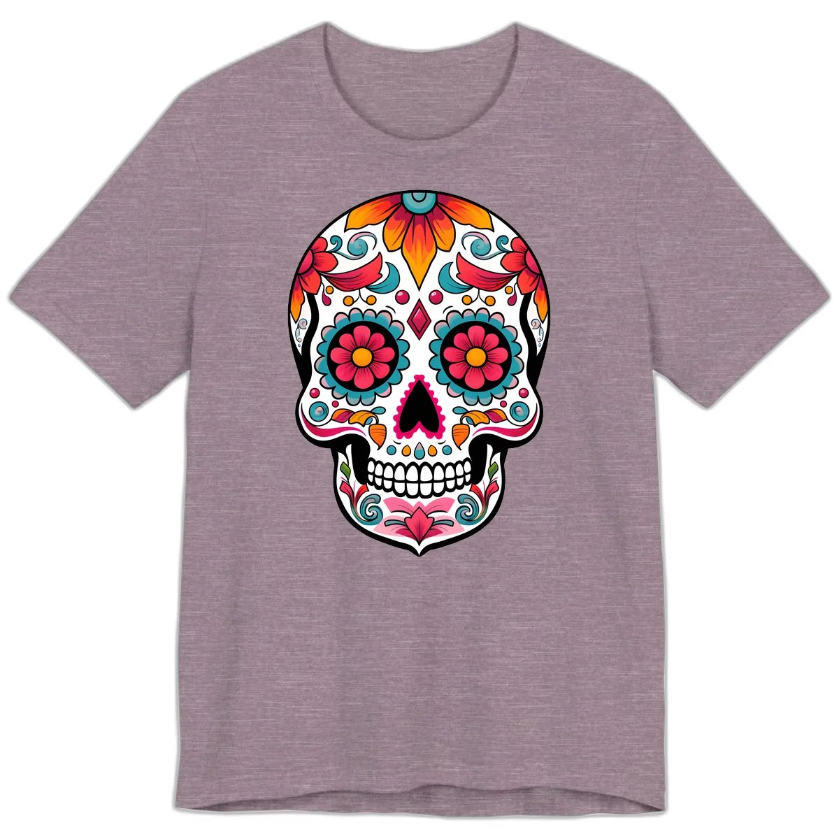 Vibrant Floral Calavera Sugar Skull Design Premium T-Shirt in Heather Purple