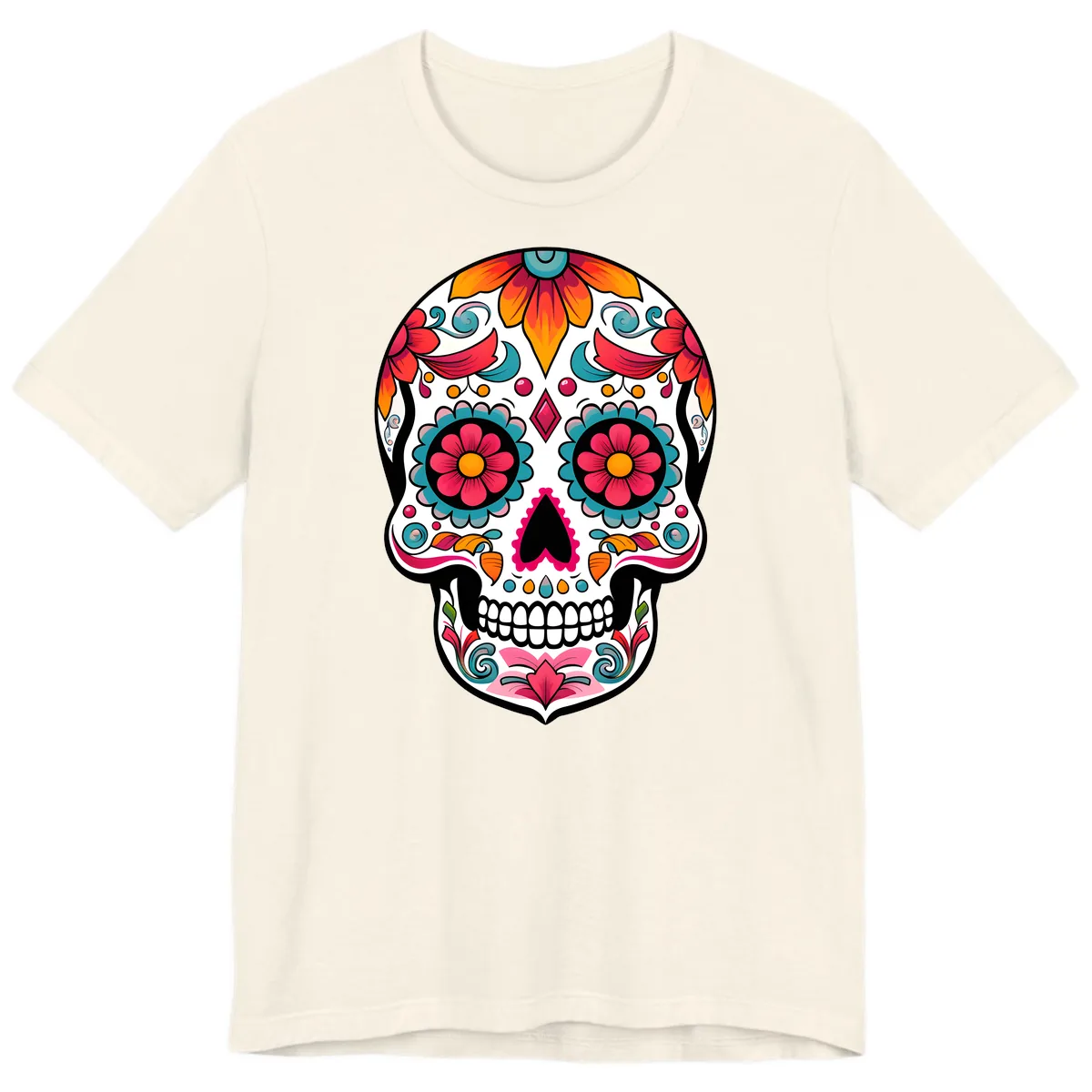Vibrant Floral Calavera Sugar Skull Design Premium T-Shirt in Natural