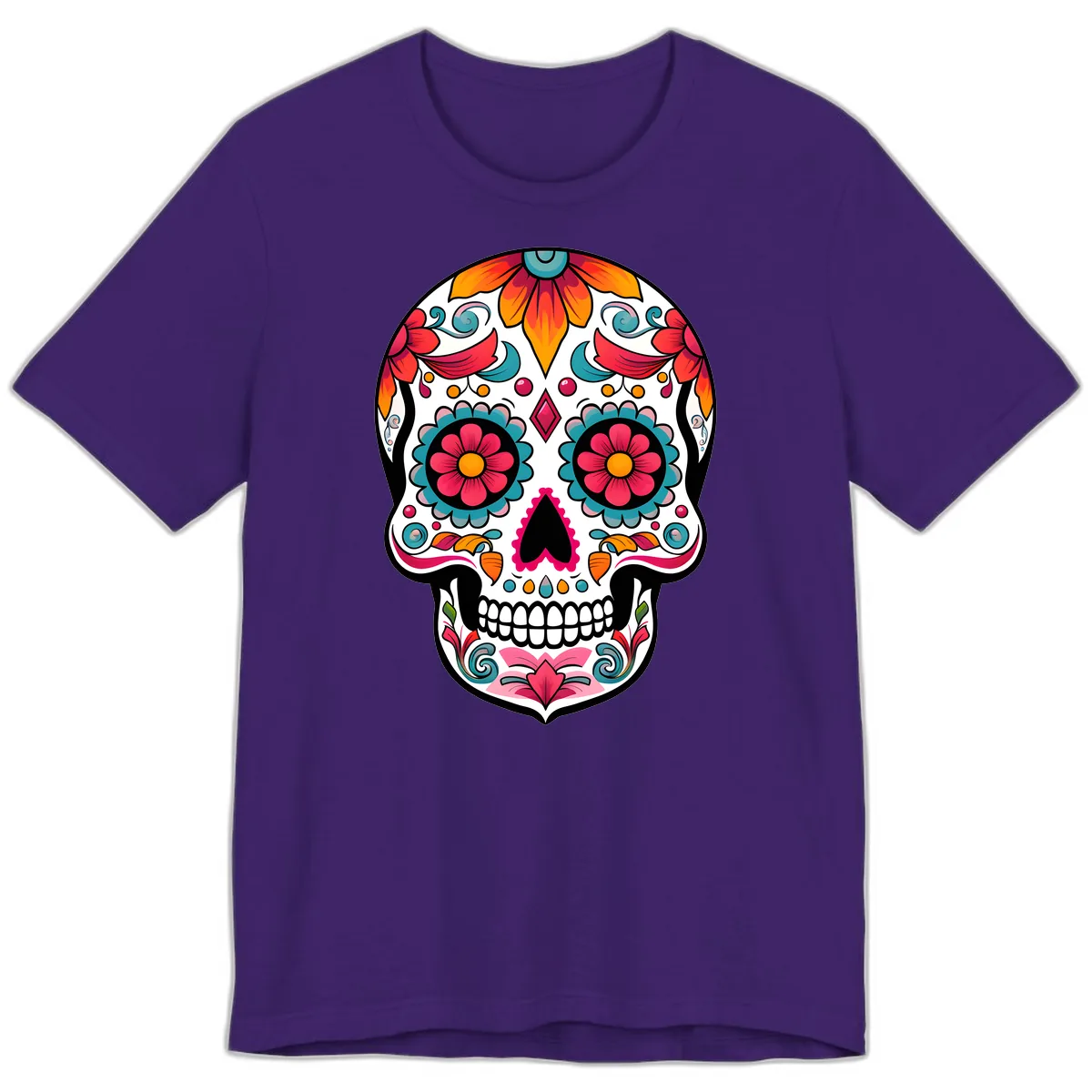 Vibrant Floral Calavera Sugar Skull Design Premium T-Shirt in Team Purple