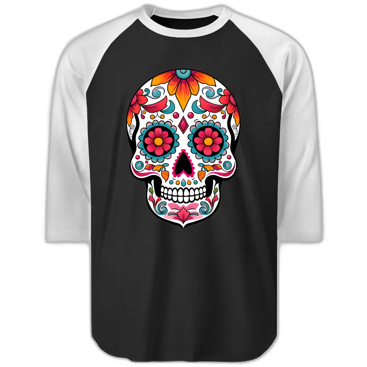 Vibrant Floral Calavera Sugar Skull Design Raglan 3/4 in Black White