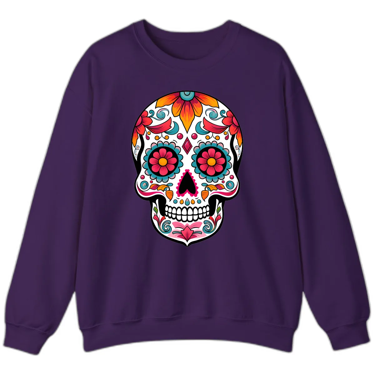 Vibrant Floral Calavera Sugar Skull Design Sweatshirt in Purple