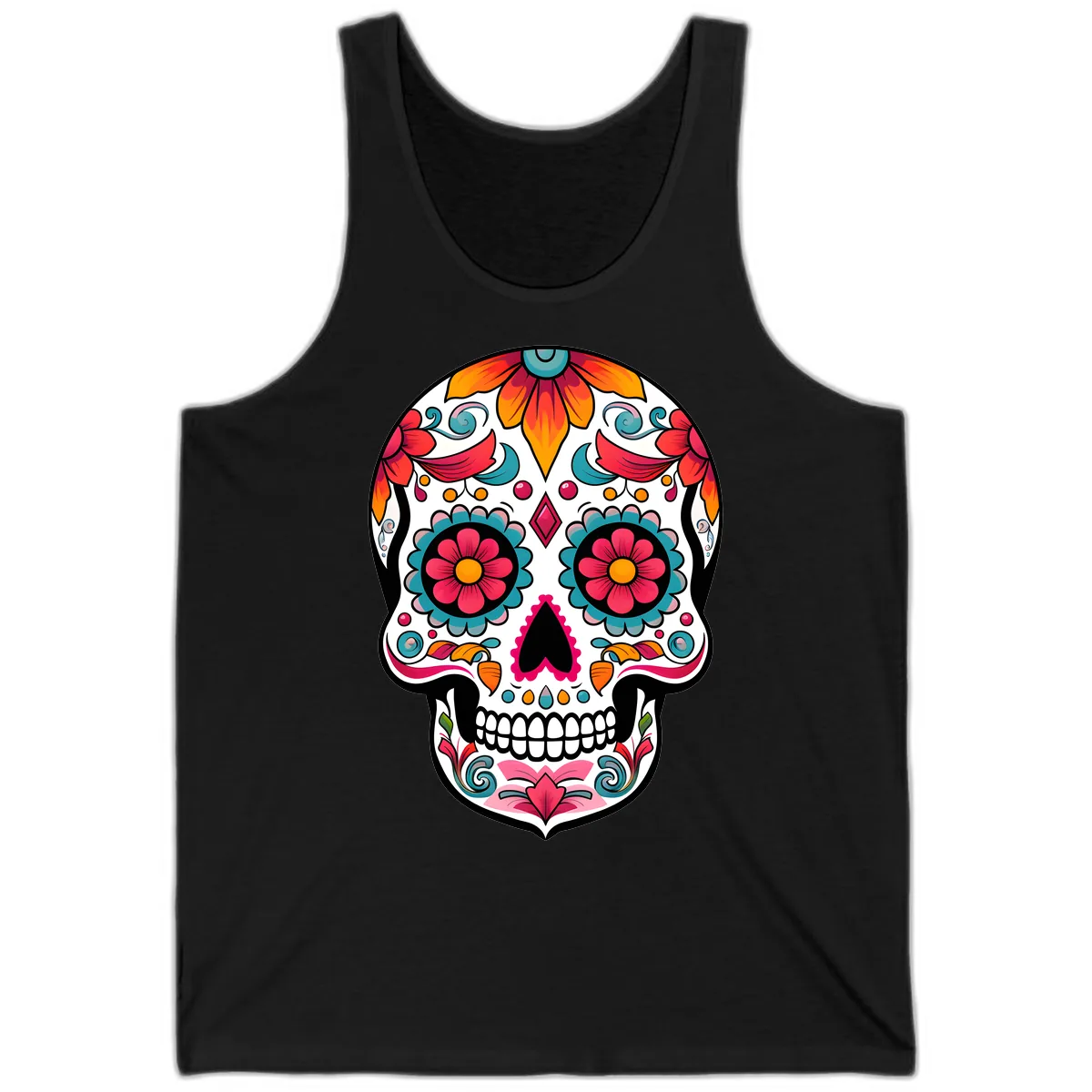 Vibrant Floral Calavera Sugar Skull Design Tank in Black