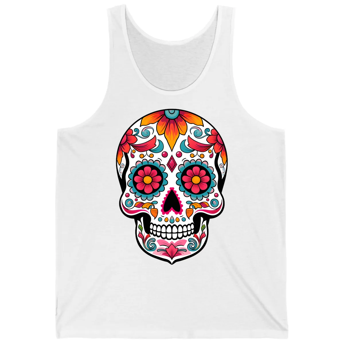 Vibrant Floral Calavera Sugar Skull Design Tank in White