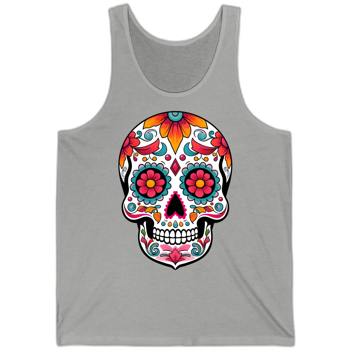 Vibrant Floral Calavera Sugar Skull Design Tank in Athletic Heather