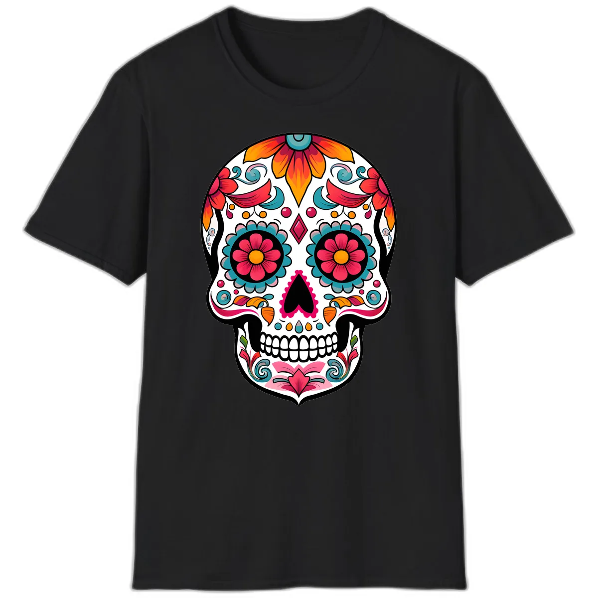 Vibrant Floral Calavera Sugar Skull Design T-Shirt in Black