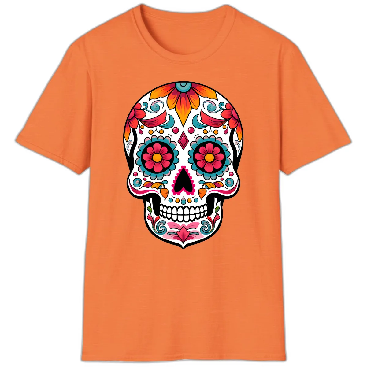 Vibrant Floral Calavera Sugar Skull Design T-Shirt in Heather Orange