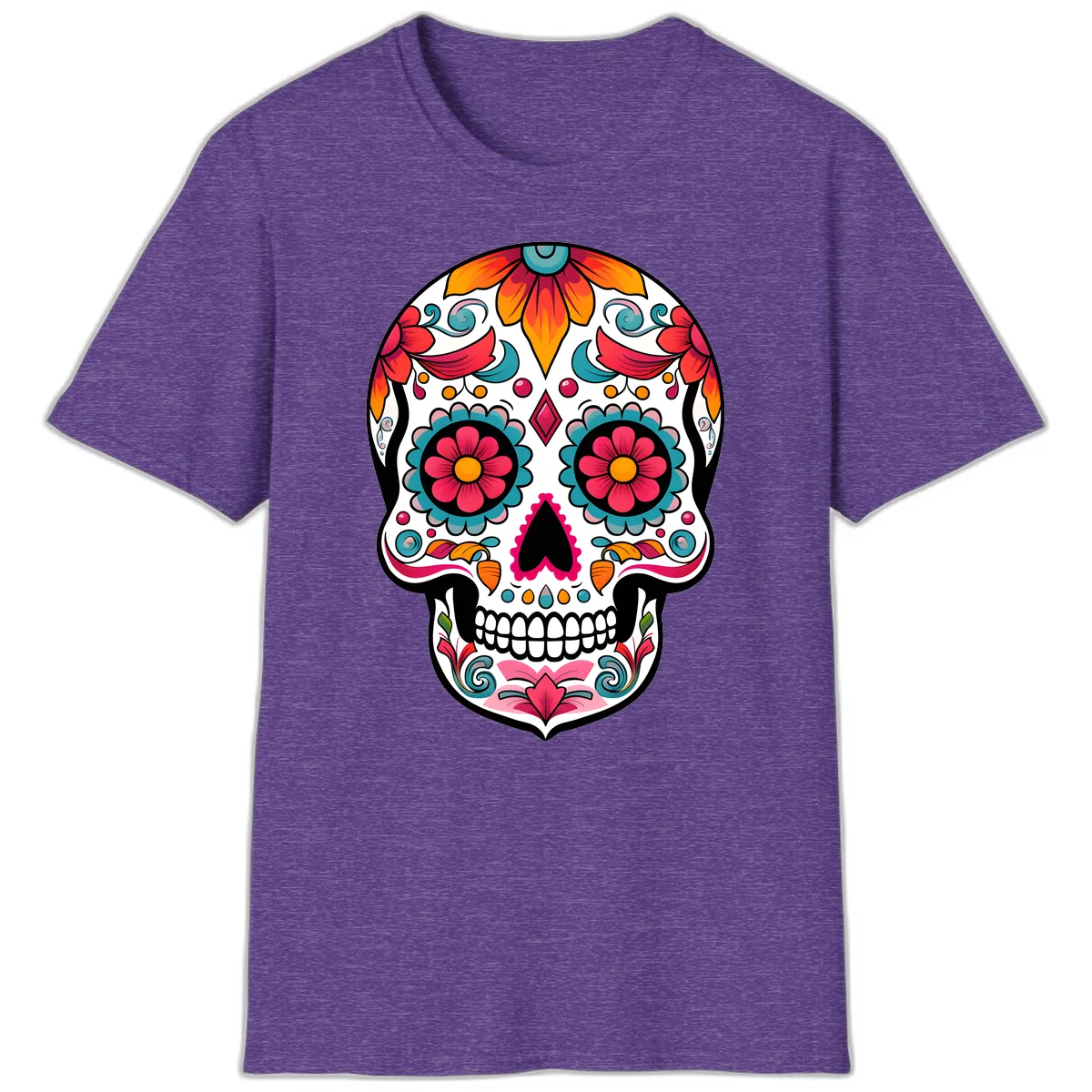 Vibrant Floral Calavera Sugar Skull Design T-Shirt in Heather Purple