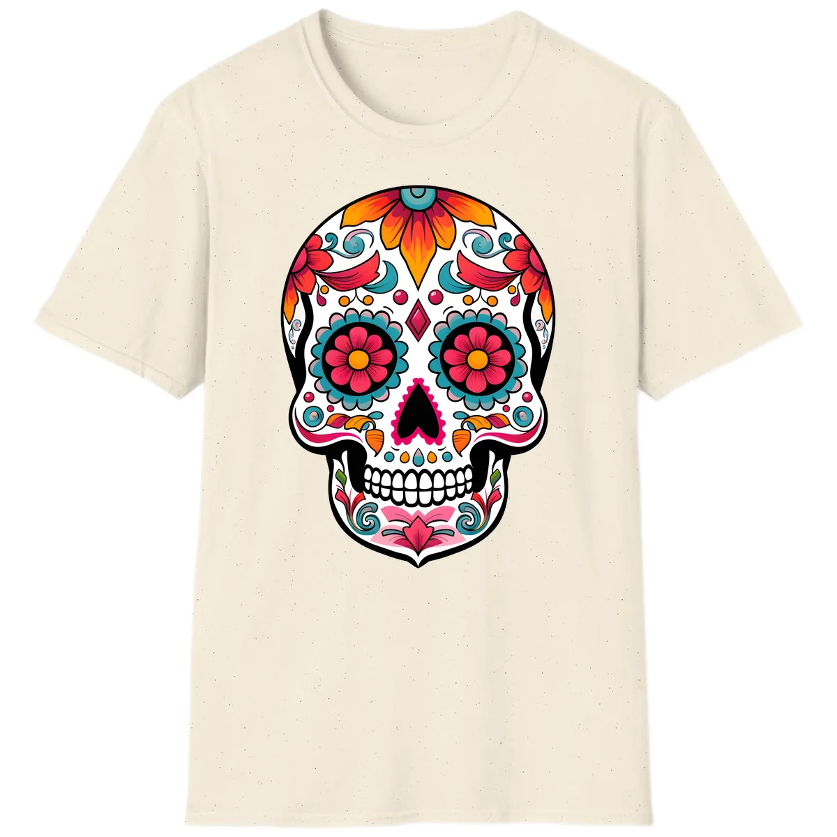 Vibrant Floral Calavera Sugar Skull Design T-Shirt in Natural