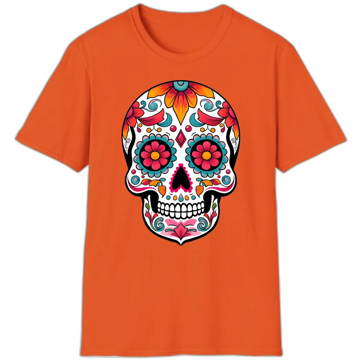 Vibrant Floral Calavera Sugar Skull Design T-Shirt in Orange