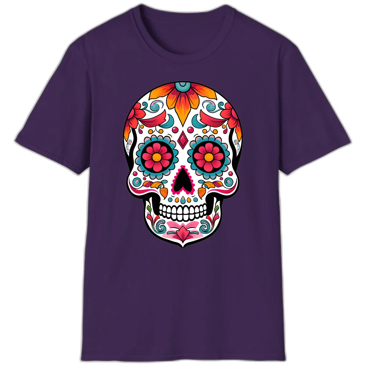 Vibrant Floral Calavera Sugar Skull Design T-Shirt in Purple