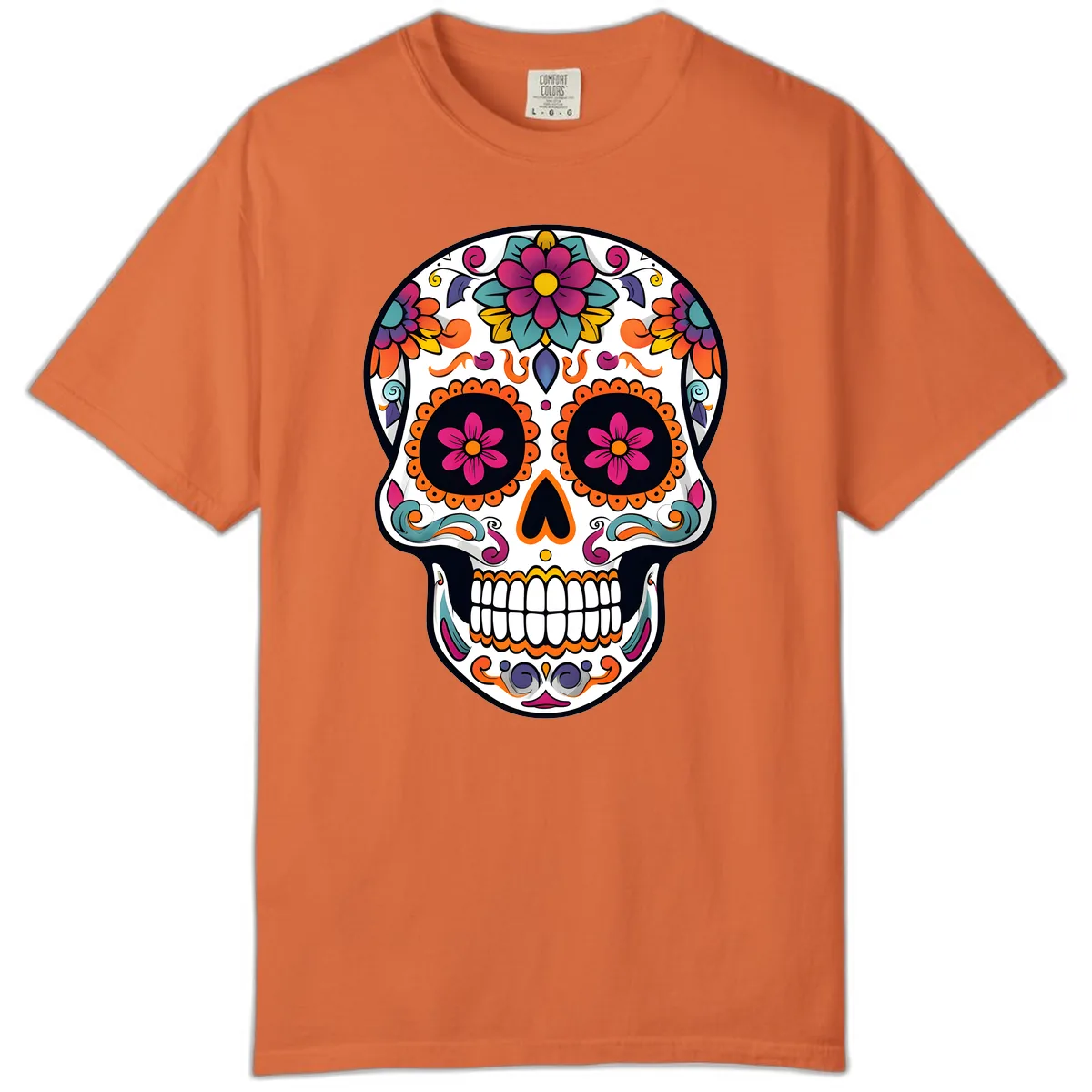 Vibrant Calavera Floral Sugar Skull Comfort Color in Burnt Orange