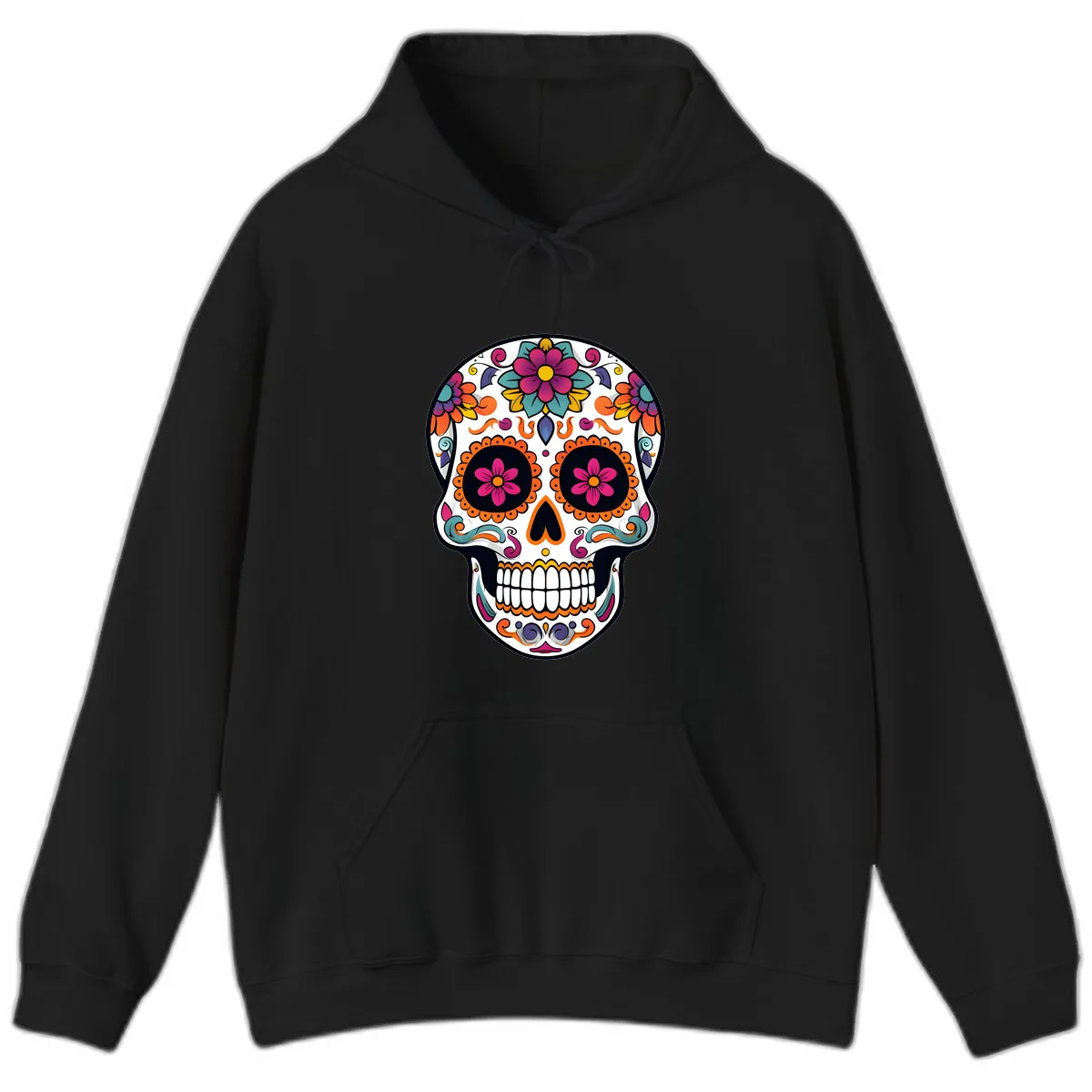 Vibrant Calavera Floral Sugar Skull Hoodie in Black