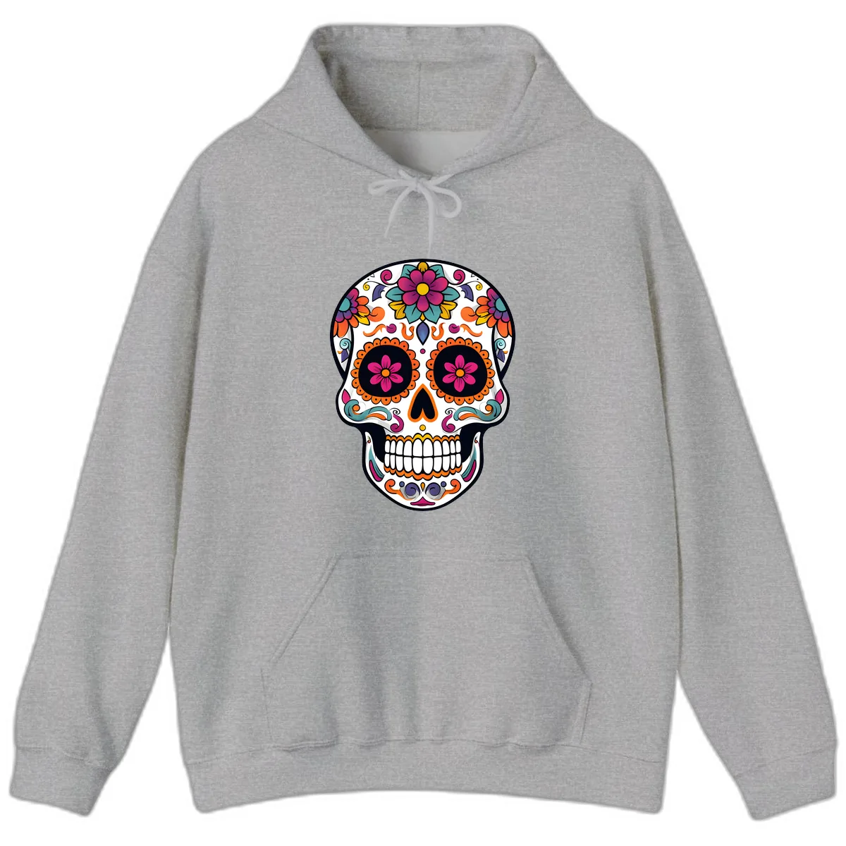 Vibrant Calavera Floral Sugar Skull Hoodie in Sport Grey