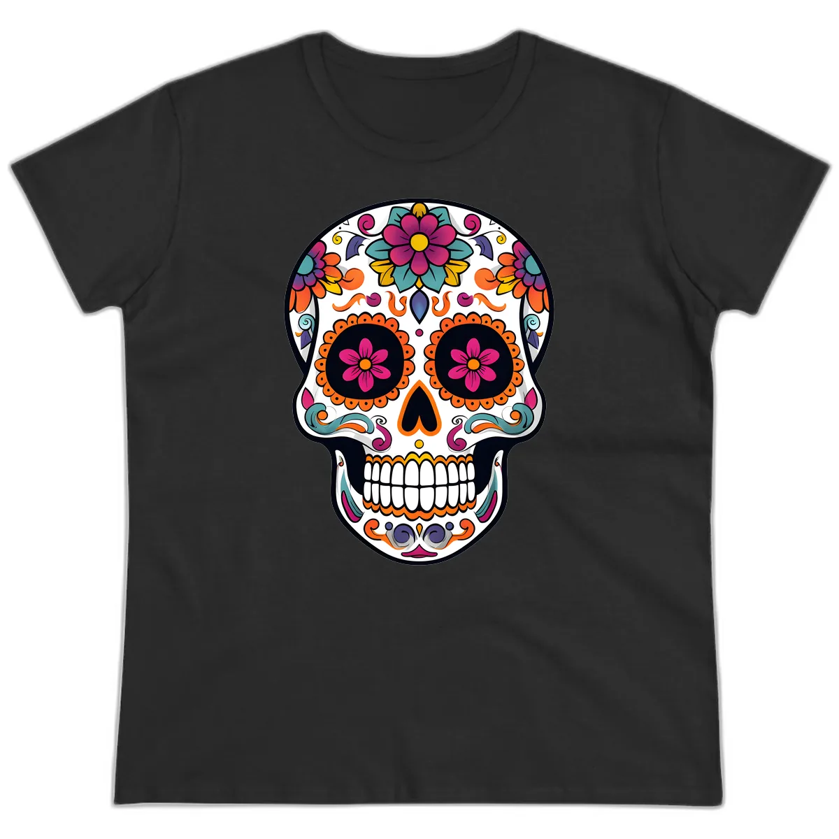Vibrant Calavera Floral Sugar Skull Ladies Tee in Black