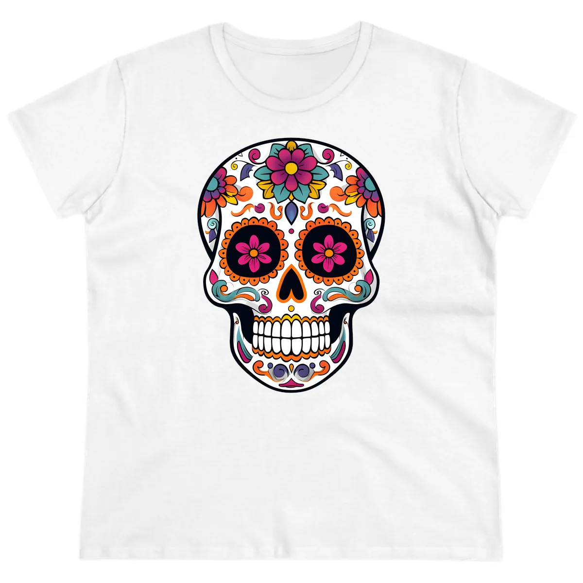 Vibrant Calavera Floral Sugar Skull Ladies Tee in White