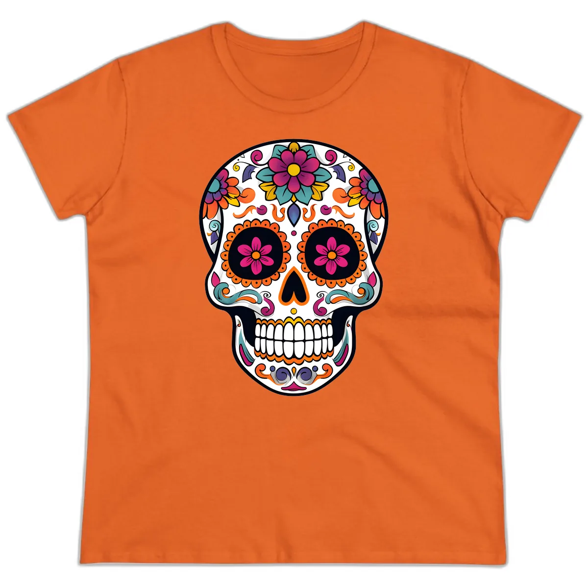 Vibrant Calavera Floral Sugar Skull Ladies Tee in Orange